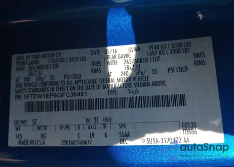 2016 Ford F-150 Xlt z USA, uszkodzony, nr VIN 1FTEW1EP6GFC36451